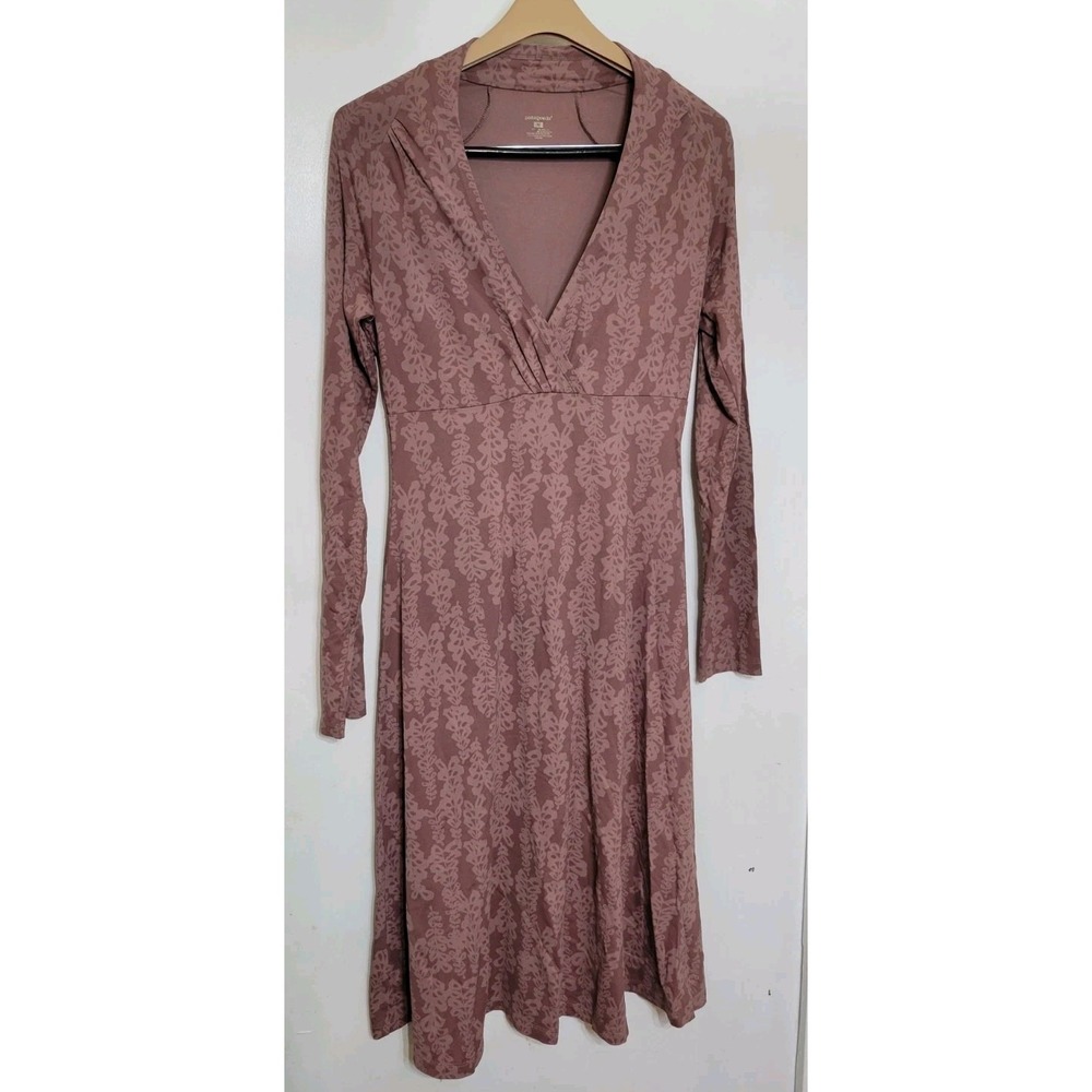 Patagonia Print Dress Womens Medium Dusty Pink Midi Moisture Wick Long Sleeve